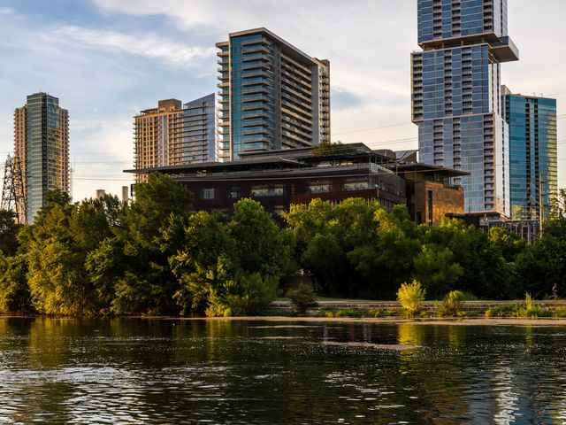 View of the city skyline of Austin Texas with the Austin Central Library.