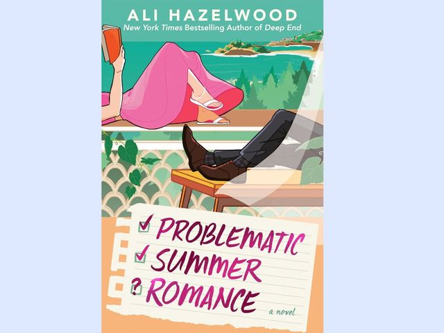 An illustration with just the legs of a man and woman, each on a sun lounger, and a checklist with the words, problematic, summer, romance.
