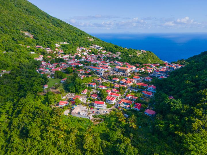 Aerial view of Windwardside, a historic town in Saba, Caribbean
