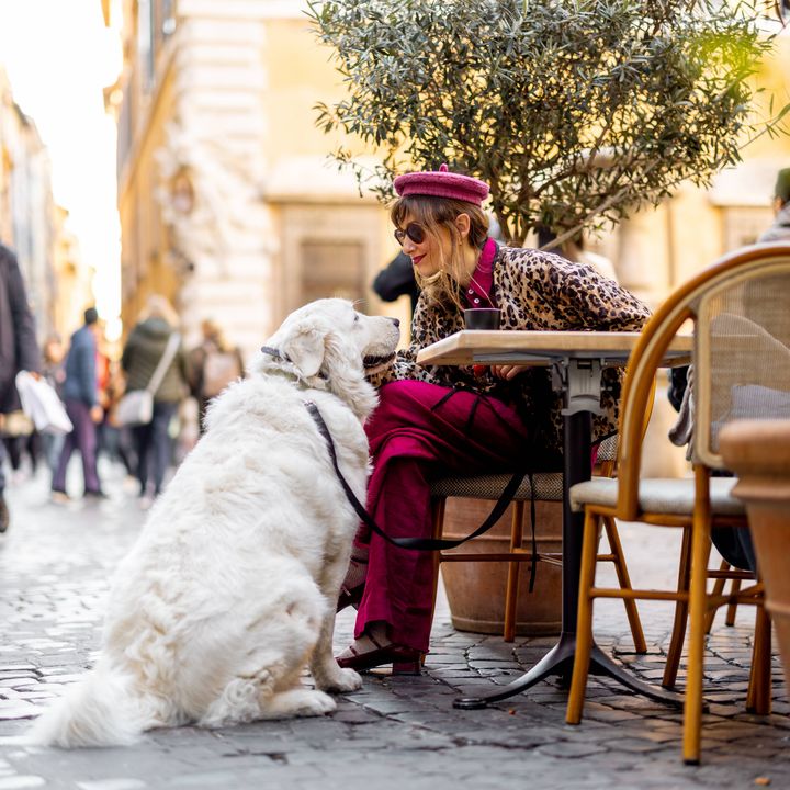 A stylish woman enjoys coffee at an outdoor cafe in Rome while bonding with her large white dog.