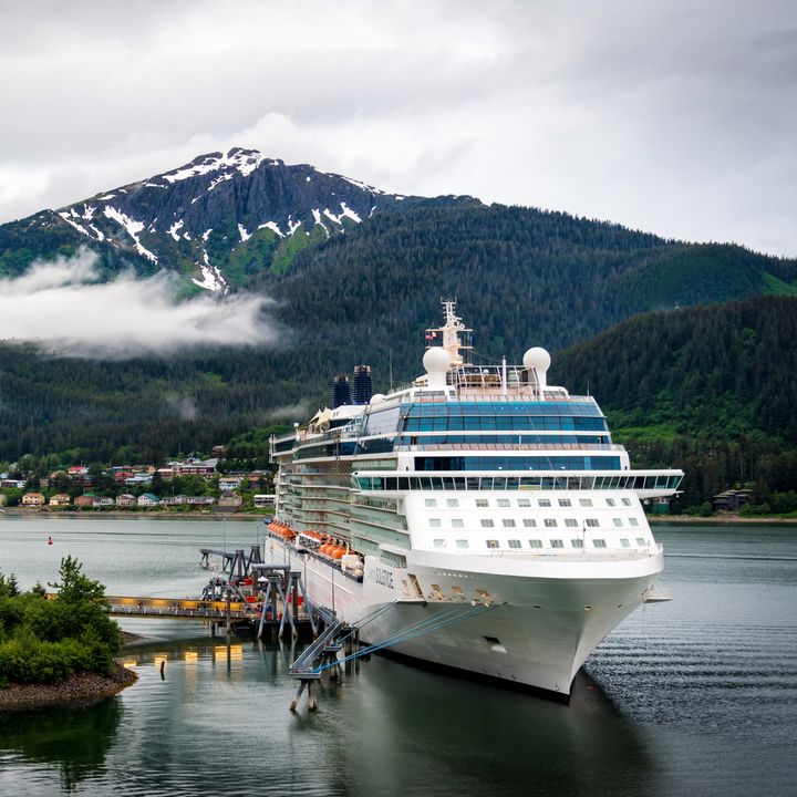 A cruise ship docks in an Alaska port.