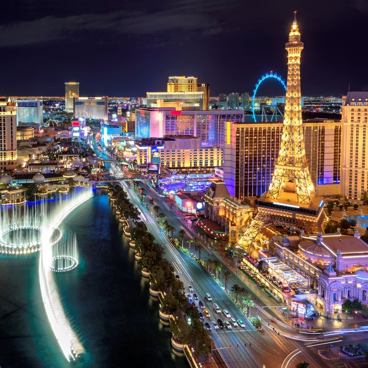An aerial view of the Las Vegas Strip at night.