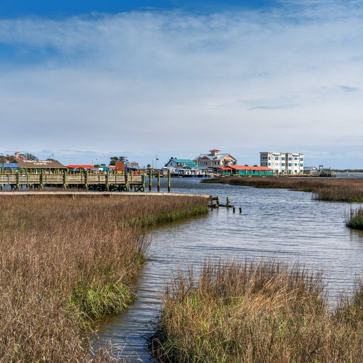 A view of the salt marsh and historic downtown of Southport on the Intracoastal Waterway in North Carolina.