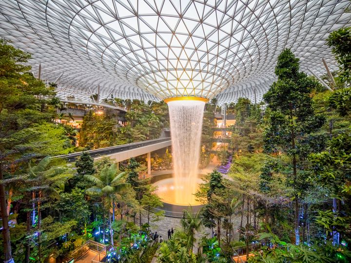 A waterfall cascades down from a structured ceiling surrounded by trees in a shopping area within Singapore’s Changi Airport.