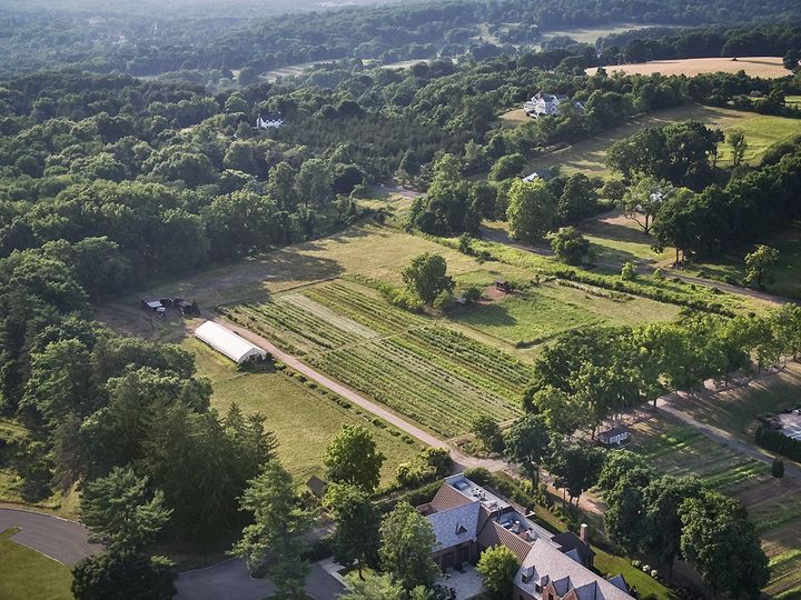 An aerial view of the farm at Pendry Natirar with rows of crops, a greenhouse, surrounded by thick green trees.