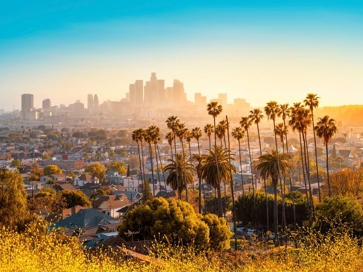 The skyline of Los Angeles during sunset.