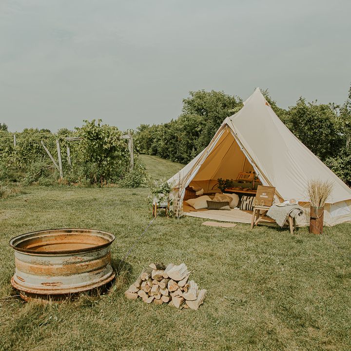 A glamping tent at Wild Mountain Winery with a fire pit and vineyard.