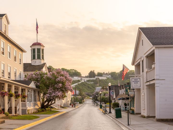 An empty street at dawn on Mackinac Island in Michigan.
