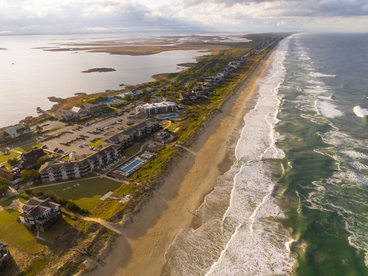An aerial view over Sanderling Resort, on the barrier island of Duck in the Outer Banks.