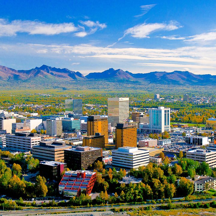 The skyline of Anchorage is seen from above with mountains, foliage, and buildings.