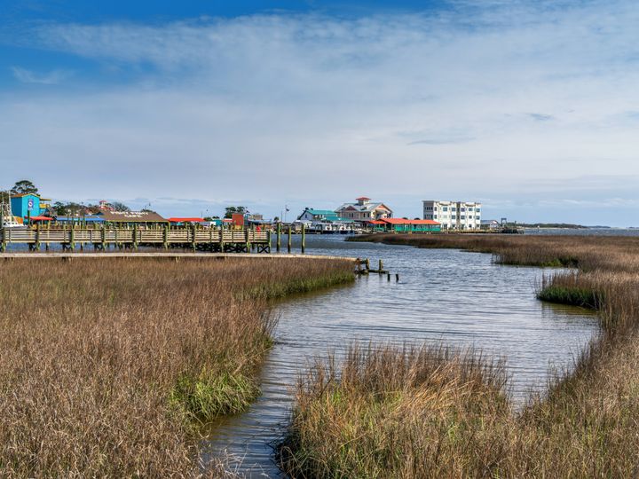 A view of the salt marsh and historic downtown of Southport on the Intracoastal Waterway in North Carolina.
