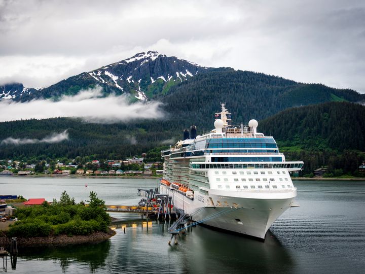 A cruise ship docks in an Alaska port.