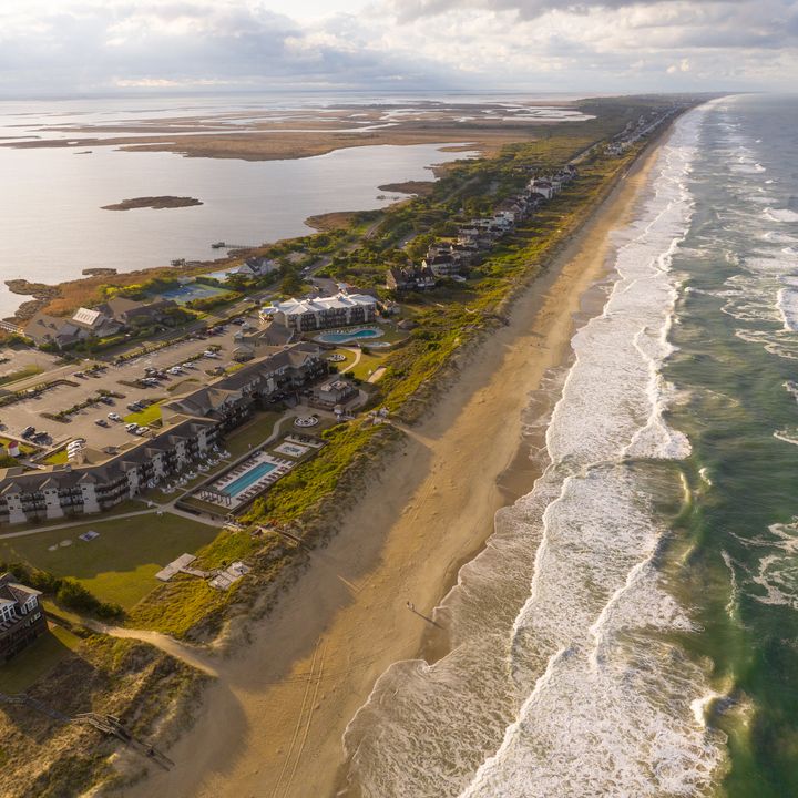An aerial view over Sanderling Resort, on the barrier island of Duck in the Outer Banks.