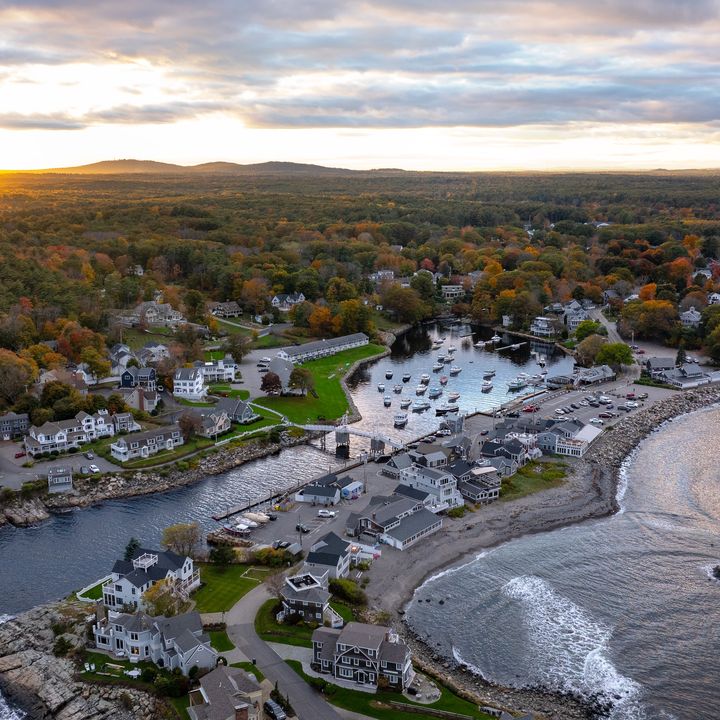 An aerial view over the town of Ogunquit, Maine, and Perkins Cove.