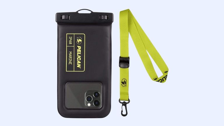 A black waterproof phone pouch next to a yellow lanyard against a blue background.