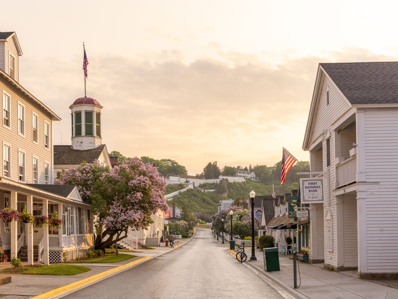 An empty street at dawn on Mackinac Island in Michigan.
